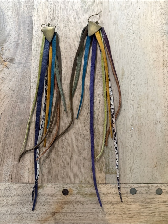 Jewelry - Multi-Strip Fringe Leather Drop Earrings in Blue, Purple & Green. Brass